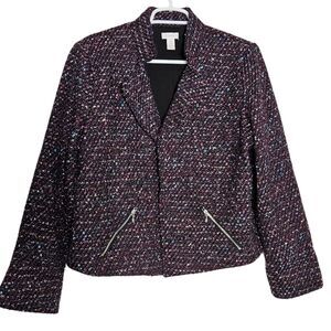Chico's Purple Tweed Blazer Jacket Sz 2 Large Open Front  Career Work Wear